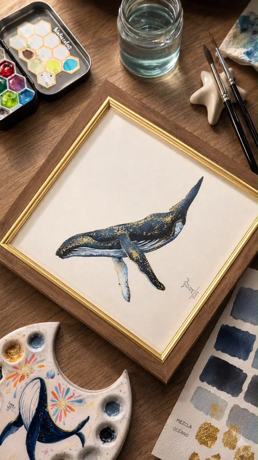Ballenas con acuarela y hoja de oro